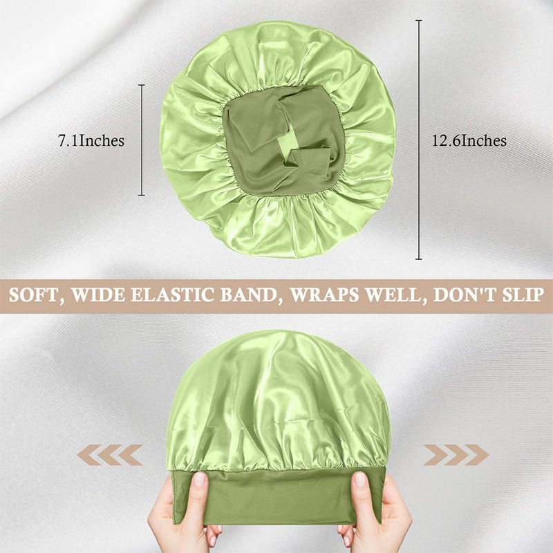 LEADUWAY 4Pcs Satin Bonnet Silk Bonnet, Hair Bonnet for Sleeping, Elastic Wide Band Silk Sleep Cap, Shower Cap Soft and Breathable (Green Series) - Image 3